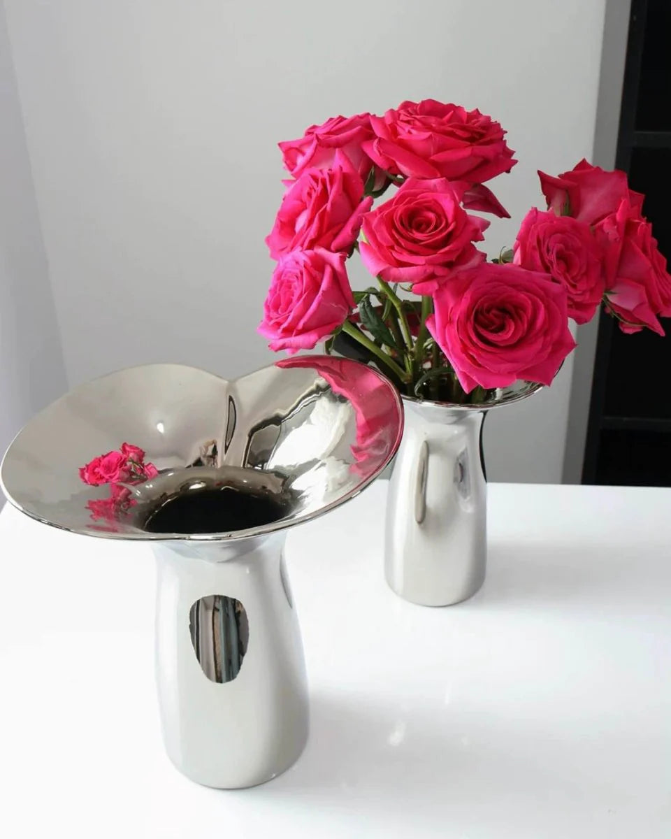 Modern Handmade Ceramic Vase in Silver Bloom Finish for Botanical Styling