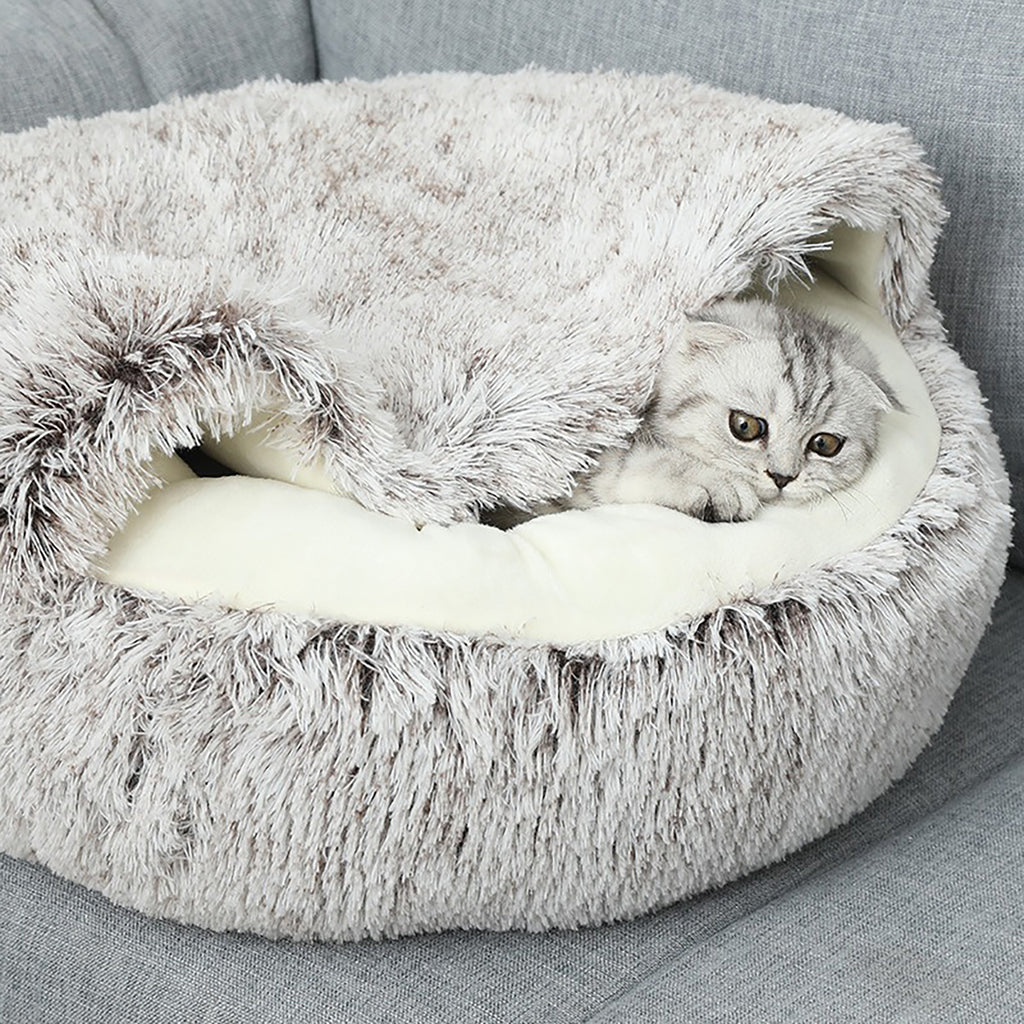 Luxury Plush Round Cat Bed – Cozy Hooded Donut Nest
