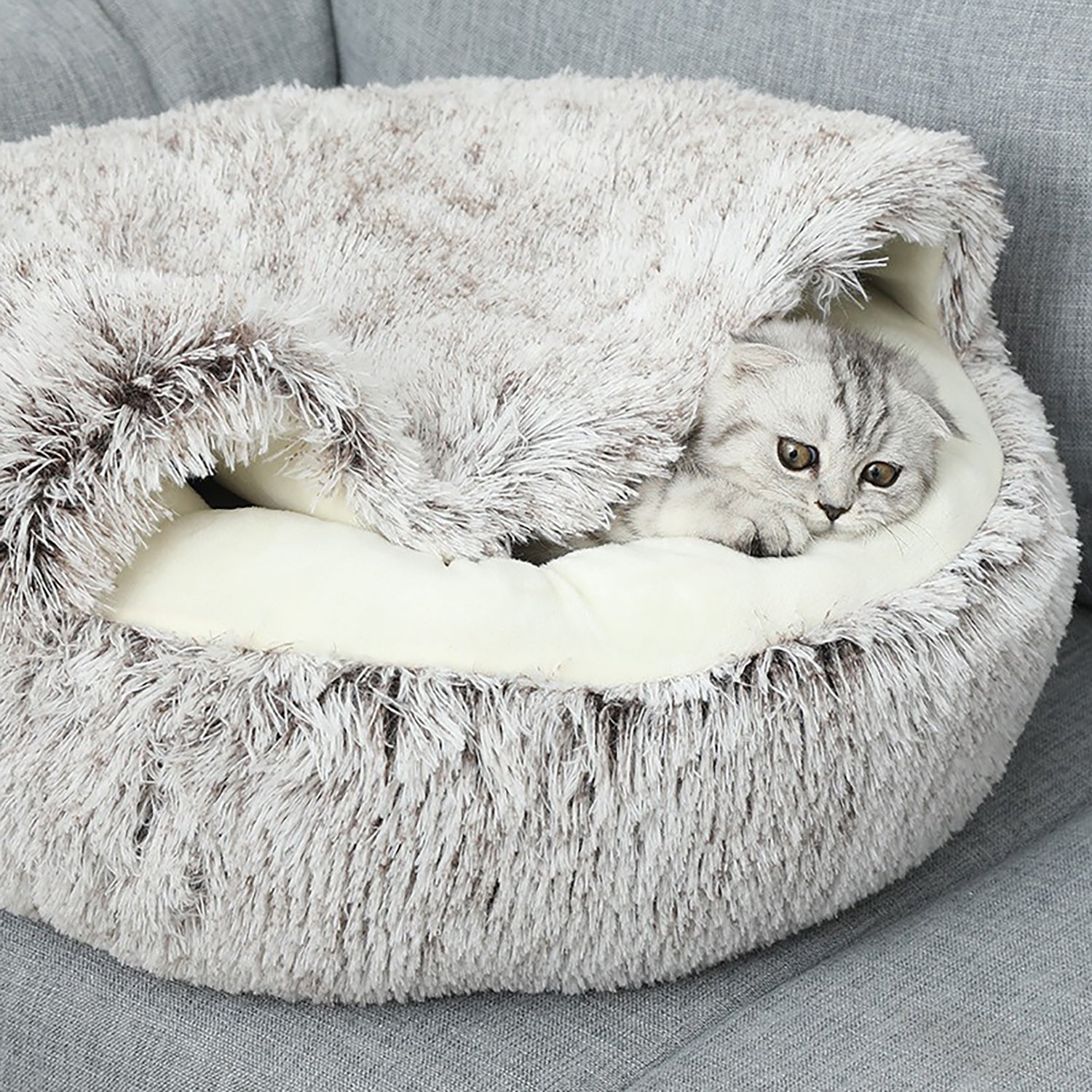 Luxury Plush Round Cat Bed – Cozy Hooded Donut Nest