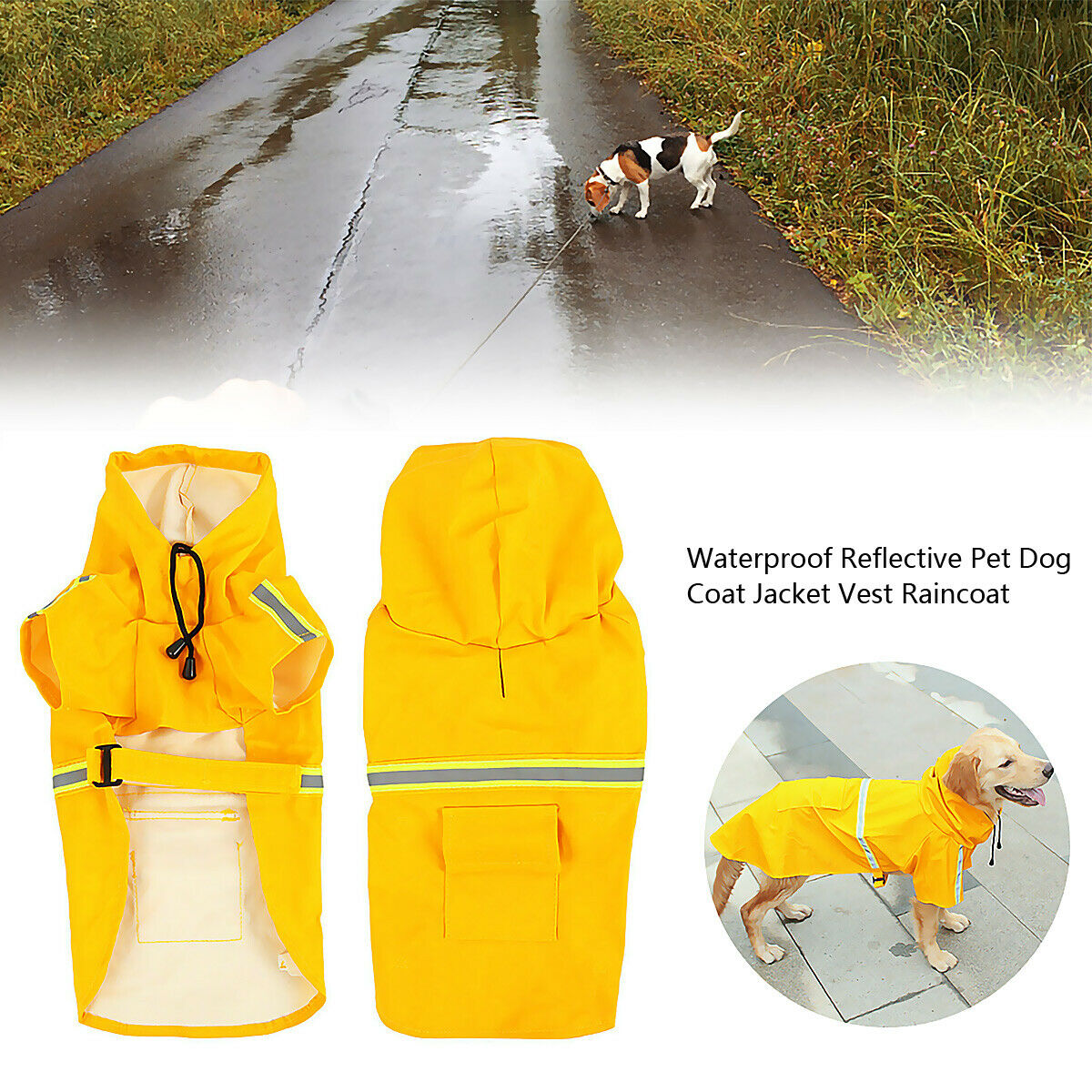 Waterproof Dog Raincoat with Reflective Stripe – Hooded Rain Jacket with Leash Access