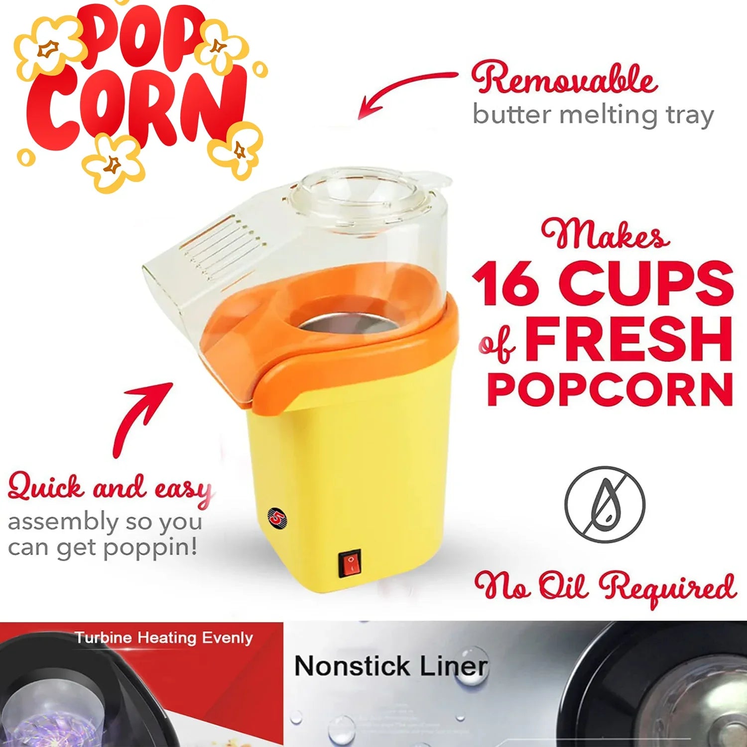 Portable Mini Hot Air Popcorn Maker, 16 Cups – Yellow Finish