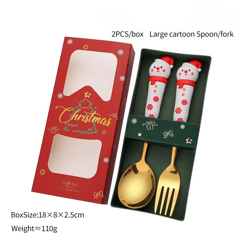 Festive Christmas Fork and Spoon Set in Stainless Steel for Coffee & Desserts