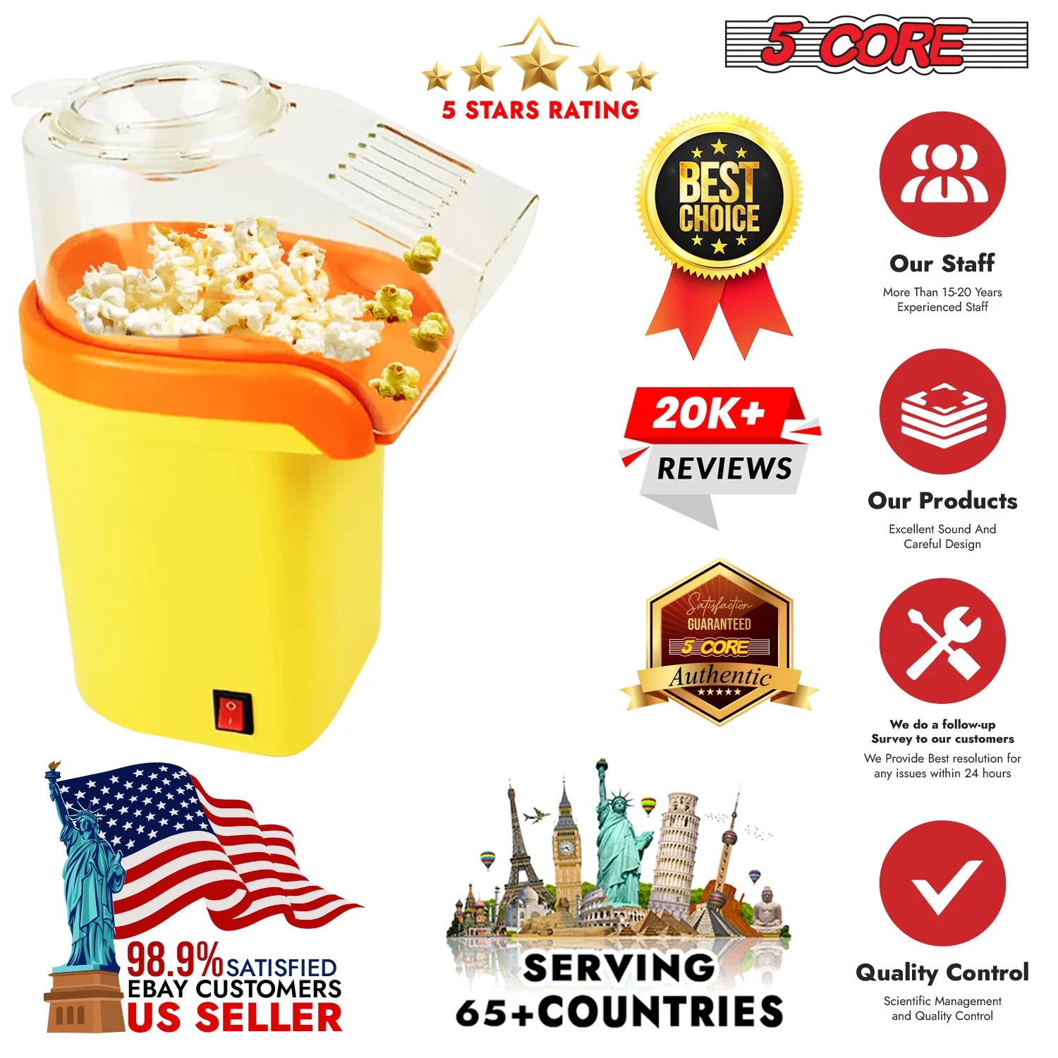 Portable Mini Hot Air Popcorn Maker, 16 Cups – Yellow Finish