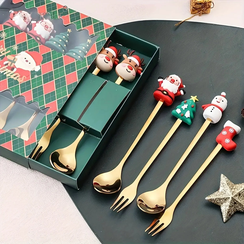 Festive Christmas Fork and Spoon Set in Stainless Steel for Coffee & Desserts