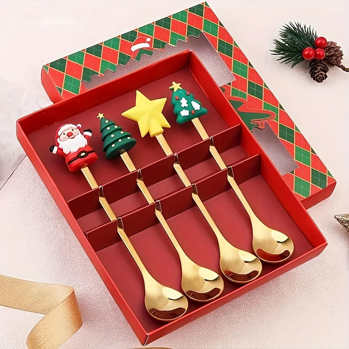 Festive Christmas Fork and Spoon Set in Stainless Steel for Coffee & Desserts