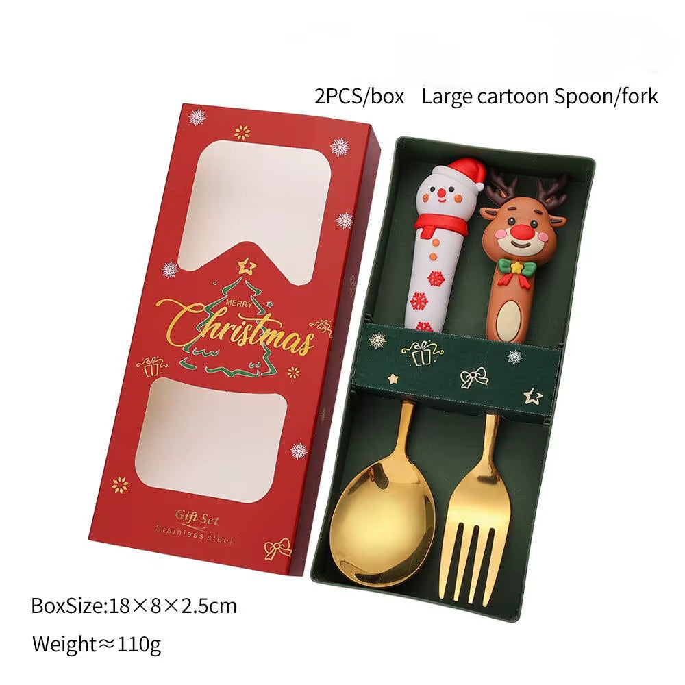 Festive Christmas Fork and Spoon Set in Stainless Steel for Coffee & Desserts