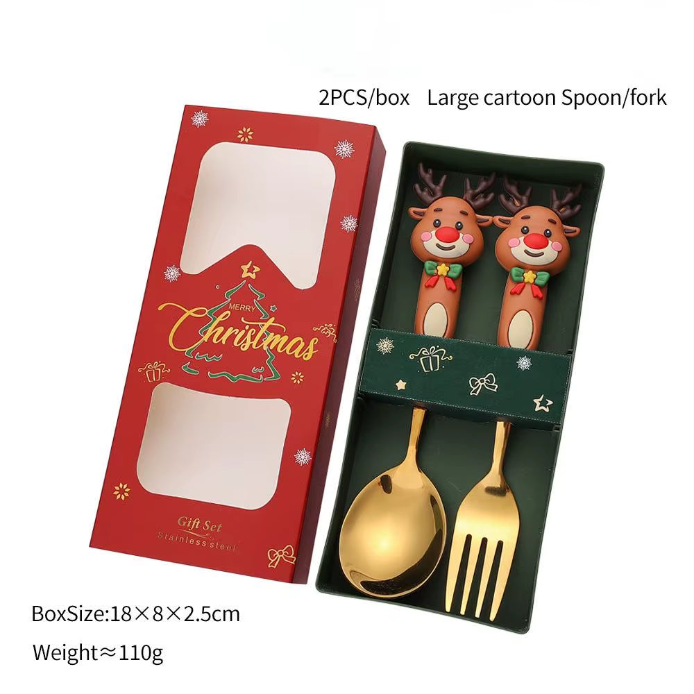 Festive Christmas Fork and Spoon Set in Stainless Steel for Coffee & Desserts
