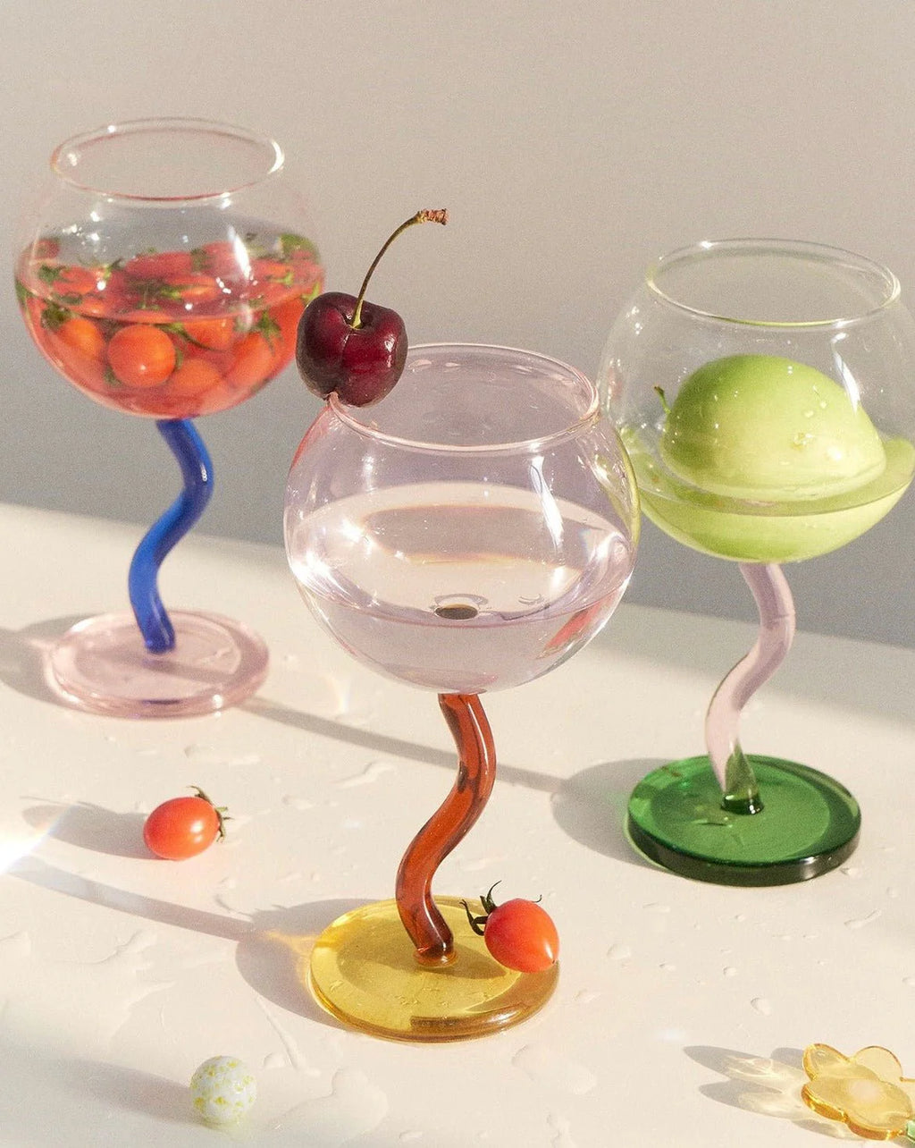 Handcrafted Bubble Wine Glass featuring a Curved Wavy Stem