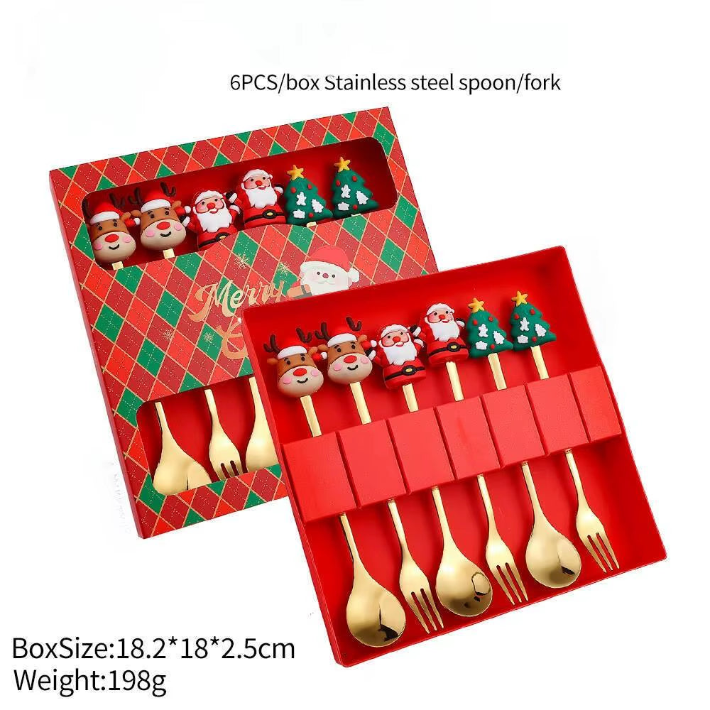 Festive Christmas Fork and Spoon Set in Stainless Steel for Coffee & Desserts