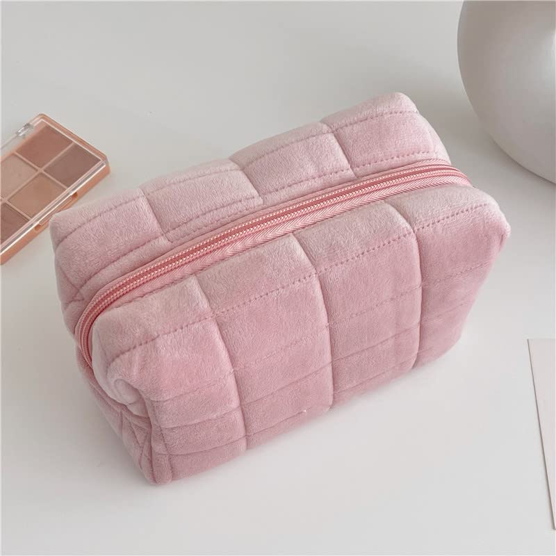 Plush Checkered Cosmetic Travel Bag