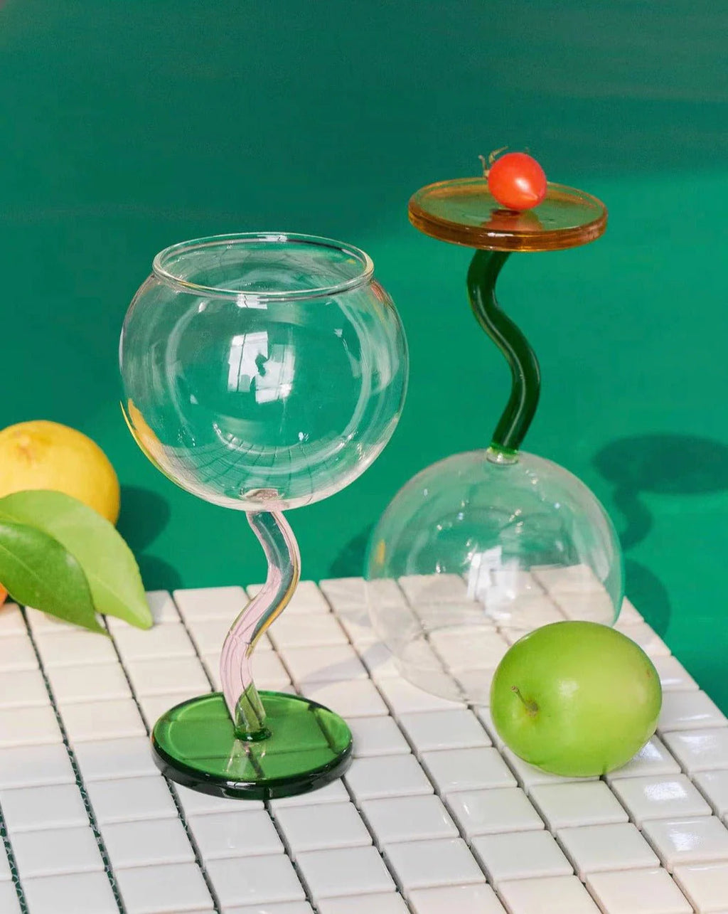 Handcrafted Bubble Wine Glass featuring a Curved Wavy Stem