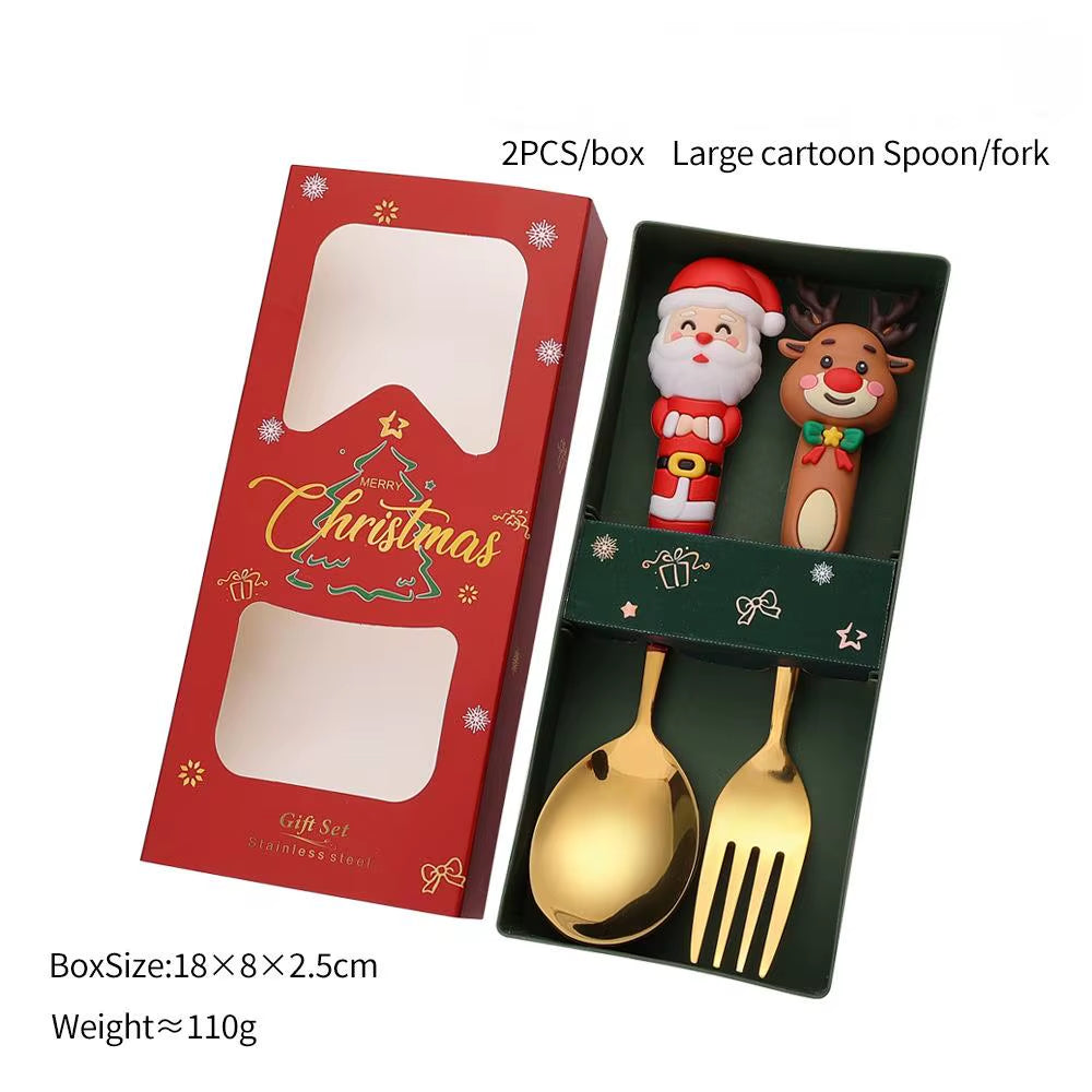 Festive Christmas Fork and Spoon Set in Stainless Steel for Coffee & Desserts