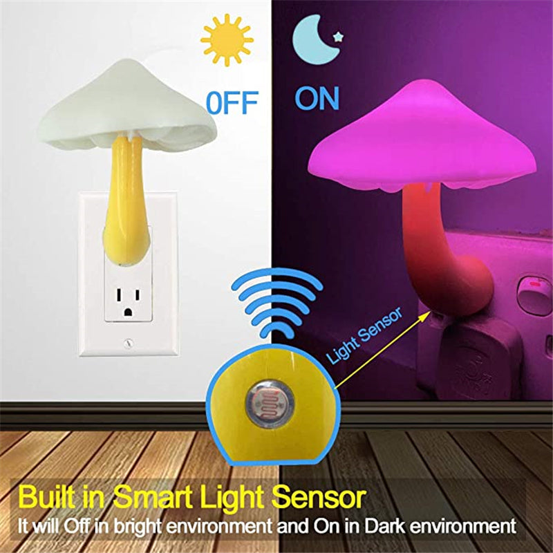LED Night Light Mushroom Wall Socket Lamp EU US Plug Warm White Light-Control Sensor Bedroom Light Home Decoration