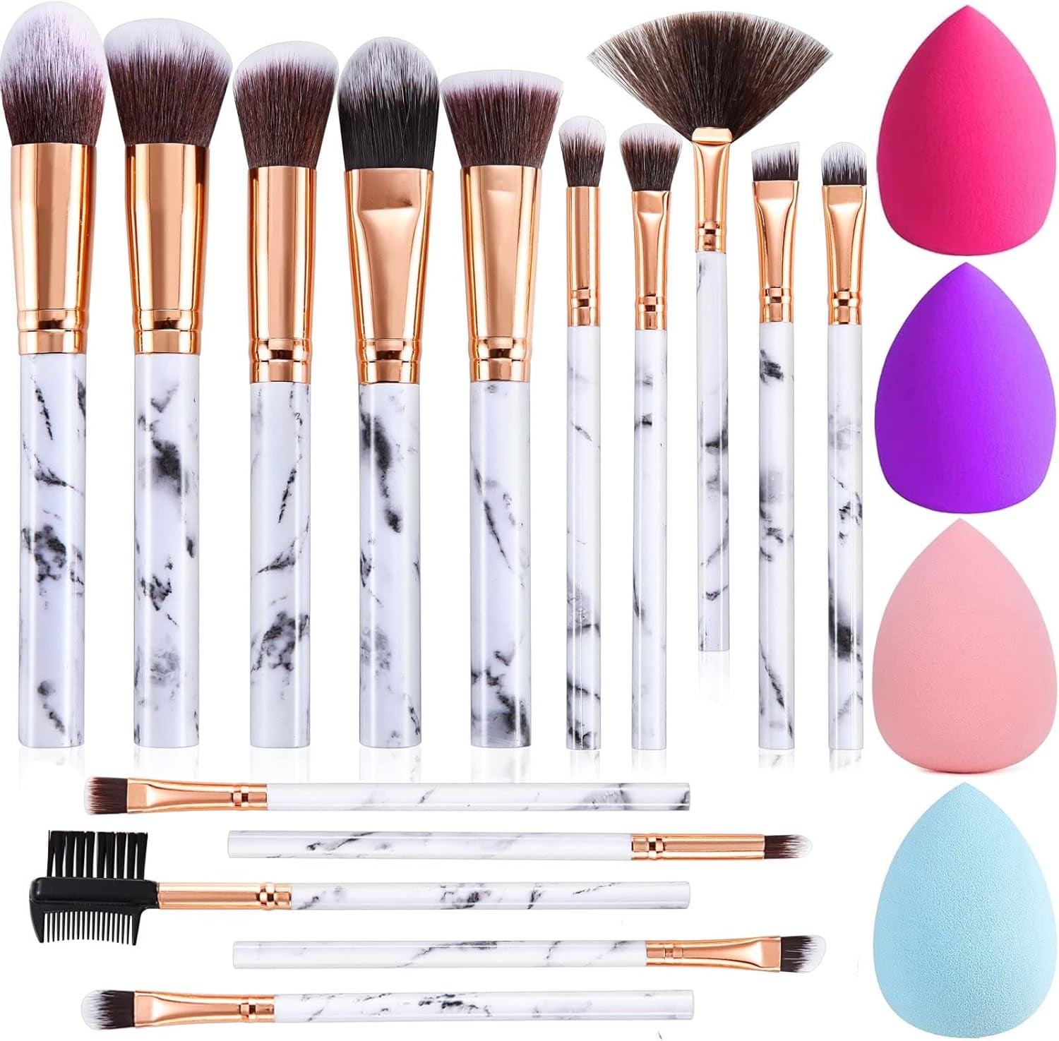 Makeup Brushes Set 16PCS Pink Marble Handle Make up Brushes with 4Pcs Sponge Blenders Foundation Brushes Eyeshadow Concealer Contour Blush Brush Silicone Face Mask Brush Make up Tool