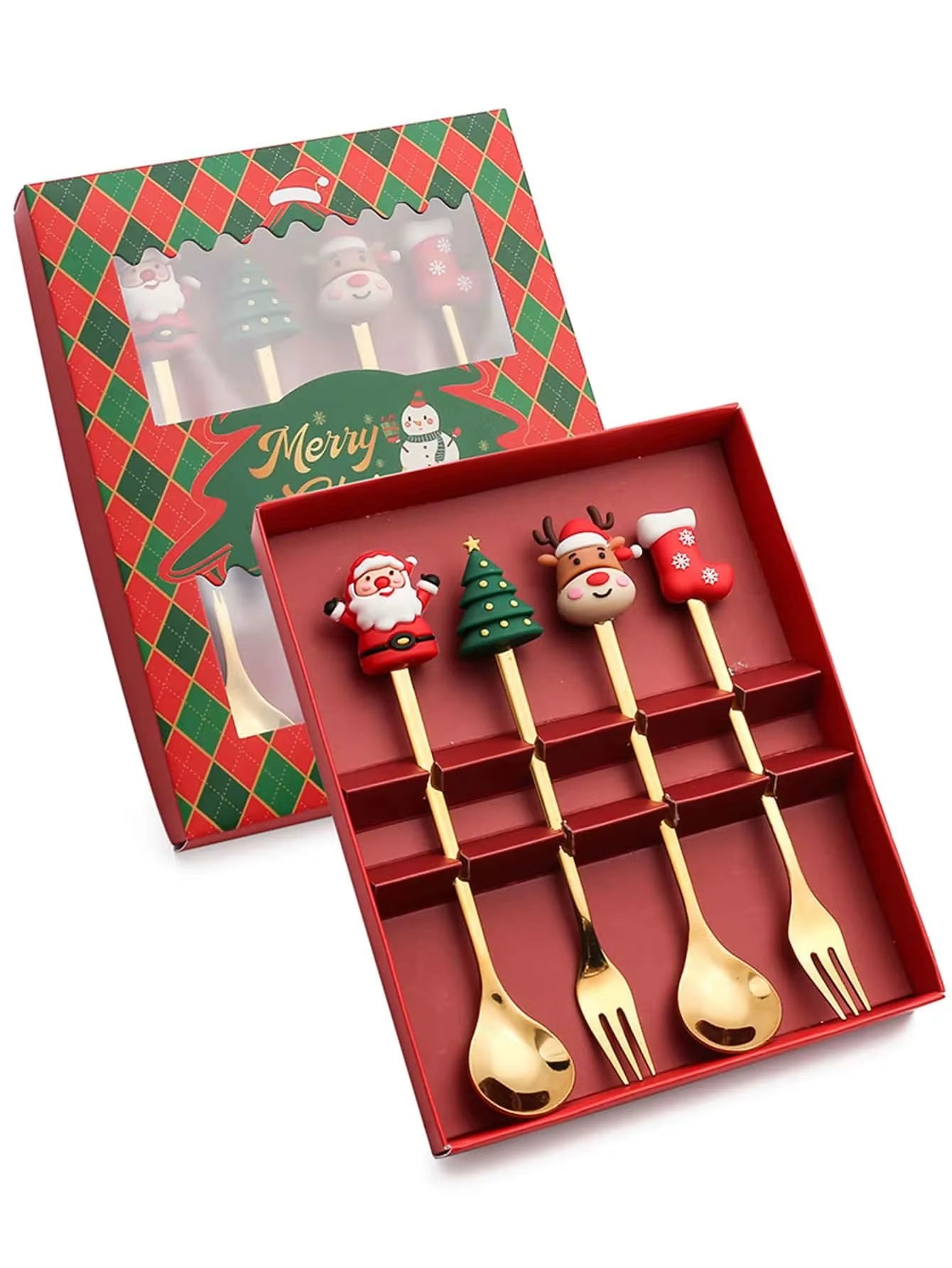 Festive Christmas Fork and Spoon Set in Stainless Steel for Coffee & Desserts