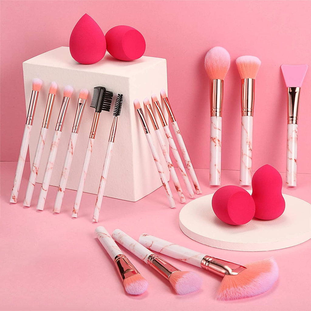 Makeup Brushes Set 16PCS Pink Marble Handle Make up Brushes with 4Pcs Sponge Blenders Foundation Brushes Eyeshadow Concealer Contour Blush Brush Silicone Face Mask Brush Make up Tool