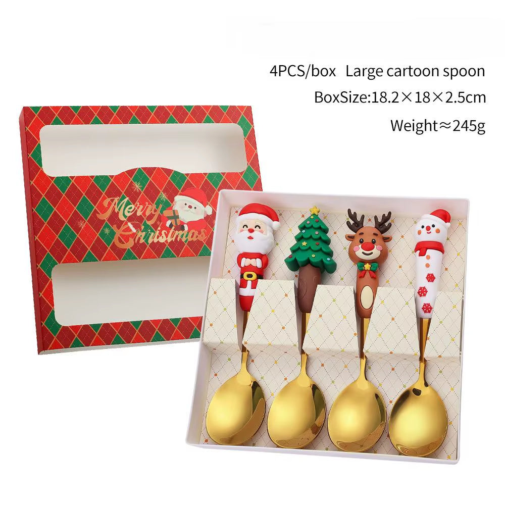 Festive Christmas Fork and Spoon Set in Stainless Steel for Coffee & Desserts
