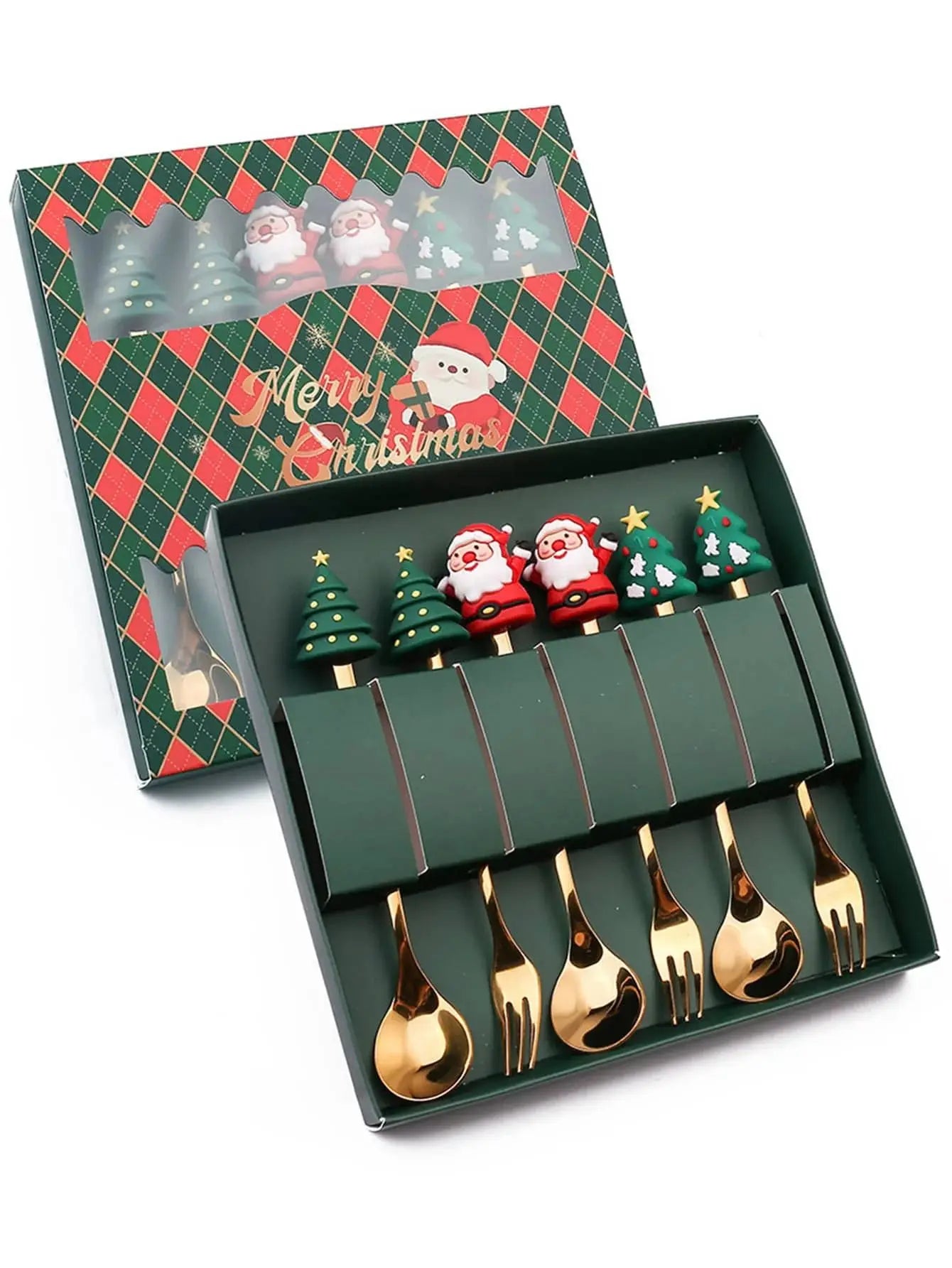Festive Christmas Fork and Spoon Set in Stainless Steel for Coffee & Desserts