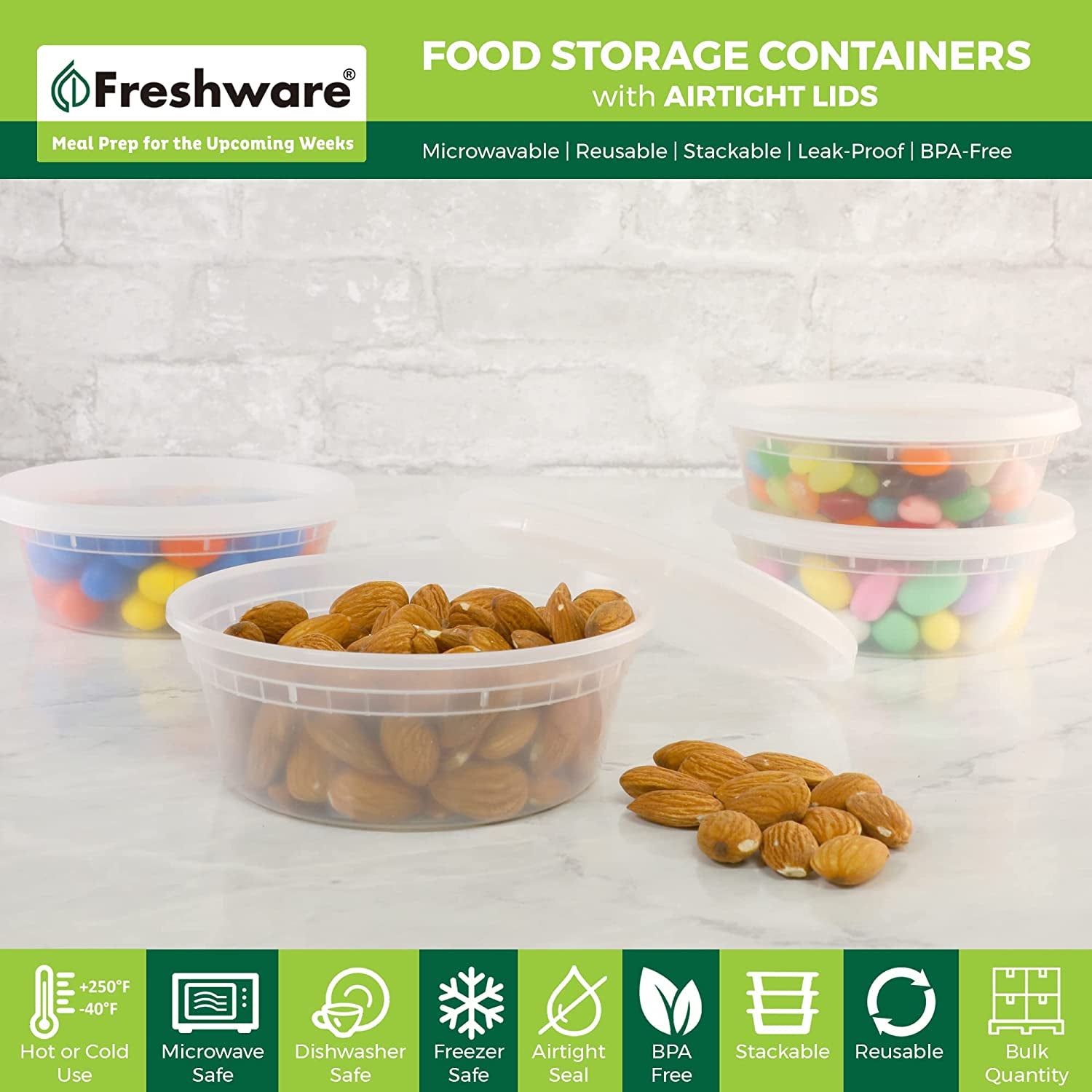 Plastic Food Storage Containers with Secure Lids, 8 oz, 40-Pack – Black