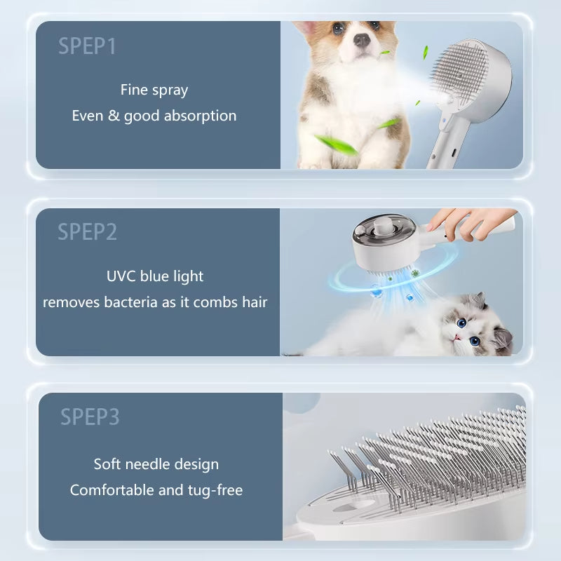 Steam Grooming & Massage Brush 3 in 1 for Pets