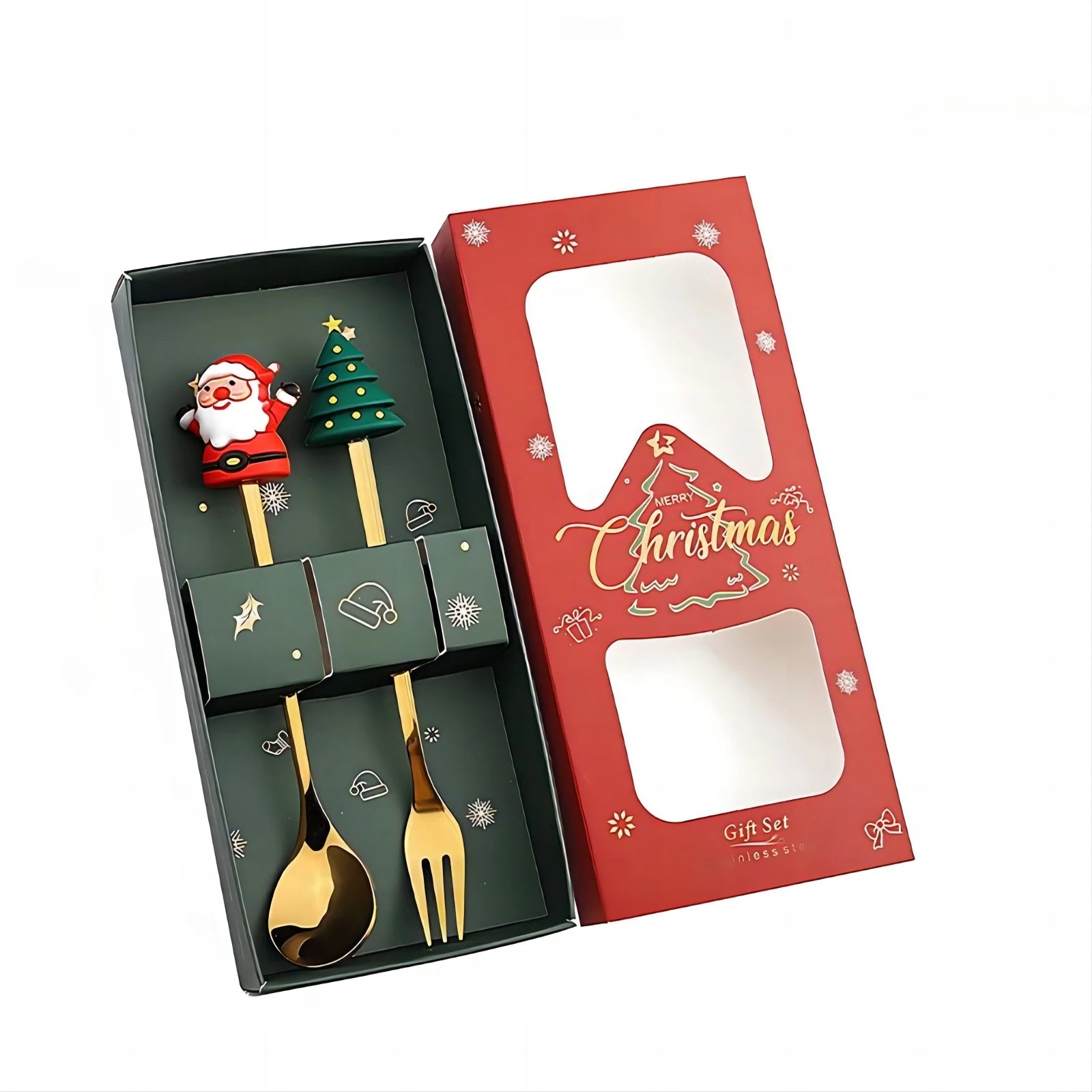 Festive Christmas Fork and Spoon Set in Stainless Steel for Coffee & Desserts