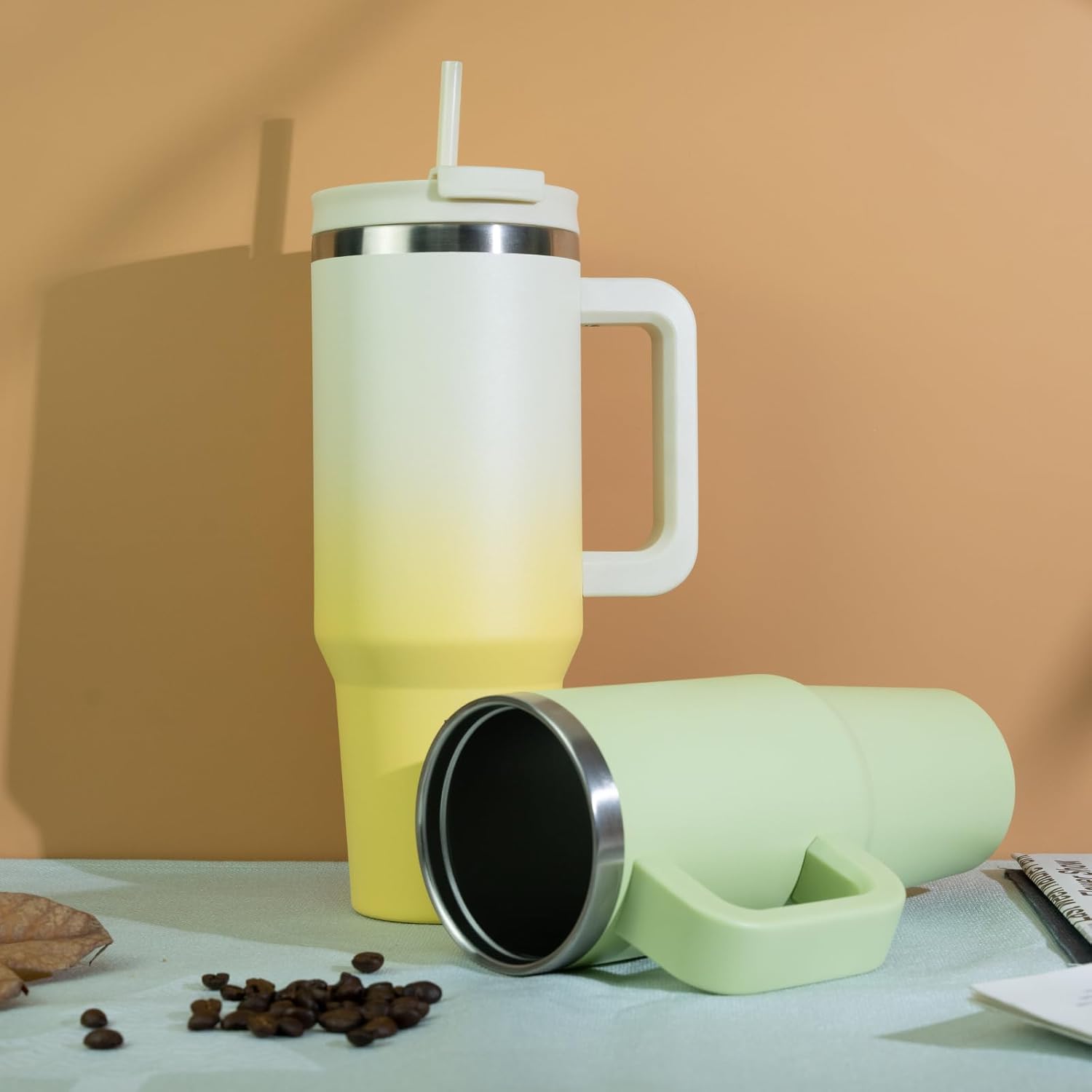 Stainless Steel Insulated Tumbler with Handle – Lemon, Lid & Straw Included (40 oz)