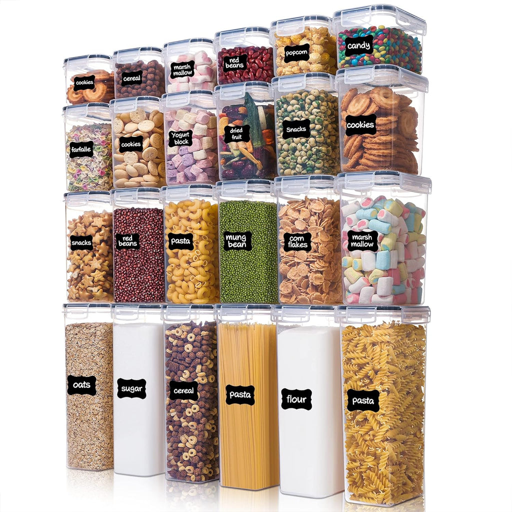 Plastic Airtight Food Storage Canisters for Pantry Organization, 24-Piece Set with Labels – Black