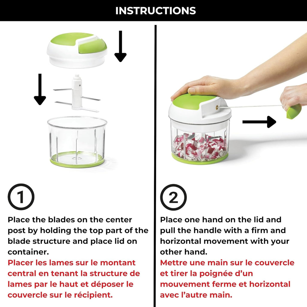 Pull Chopper – Multi-Purpose Manual Food Processor with 3-Blade System, Fast Chopping from Large Chunks to Purée, Self-Retracting Cord