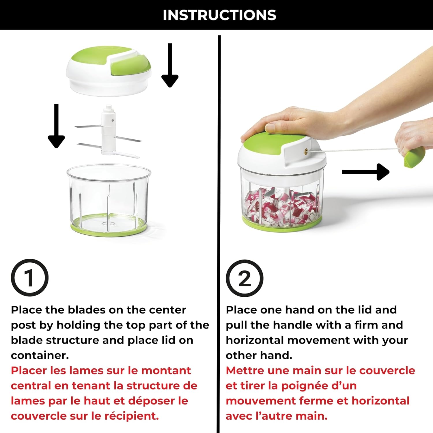Pull Chopper – Multi-Purpose Manual Food Processor with 3-Blade System, Fast Chopping from Large Chunks to Purée, Self-Retracting Cord