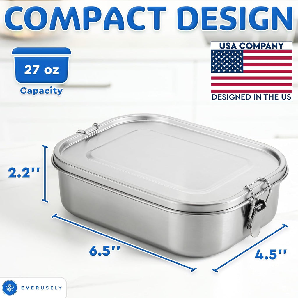 Stainless Steel Lunch Box 27 oz – Leakproof Bento Container with 2 Dividers for Work & Travel