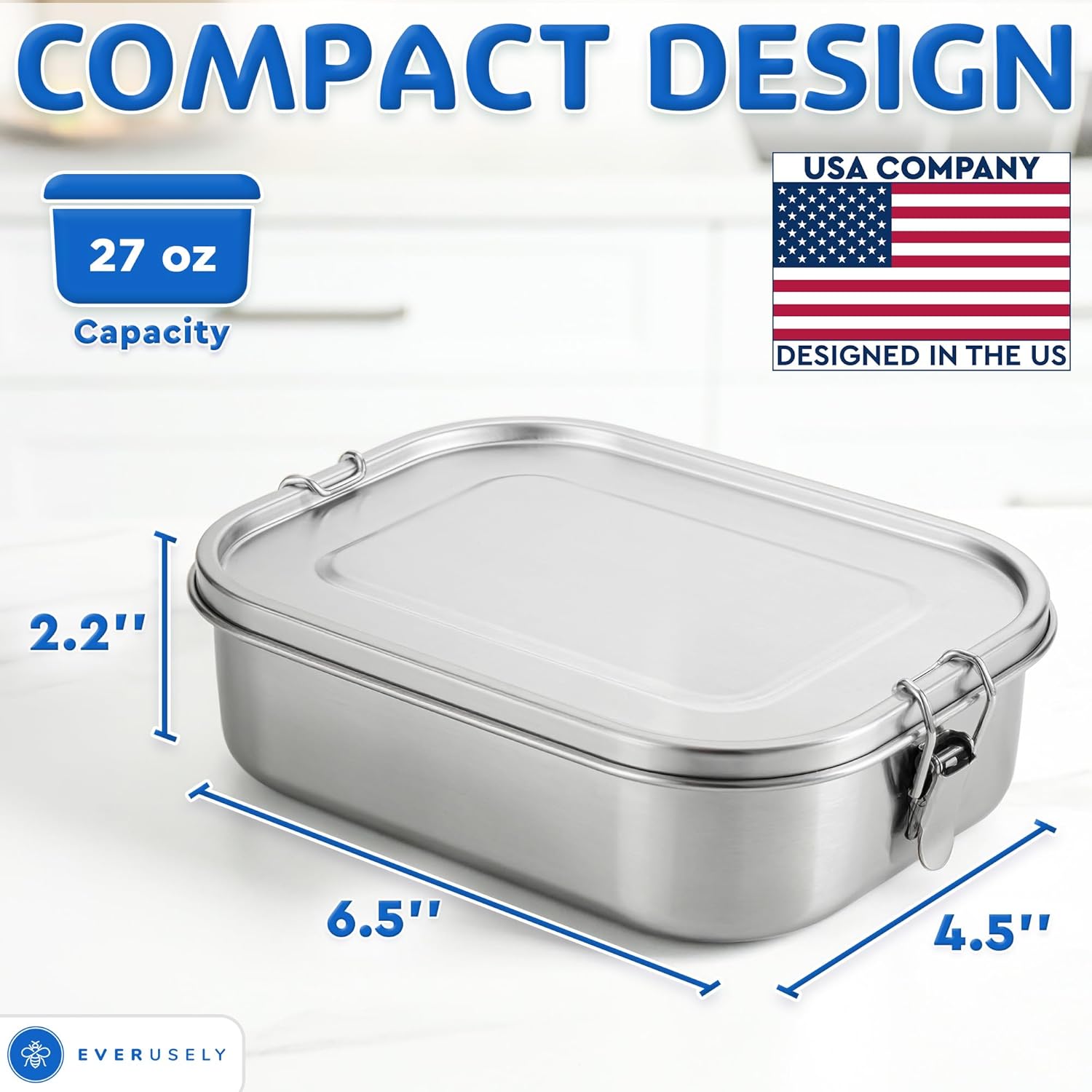 Stainless Steel Lunch Box 27 oz – Leakproof Bento Container with 2 Dividers for Work & Travel