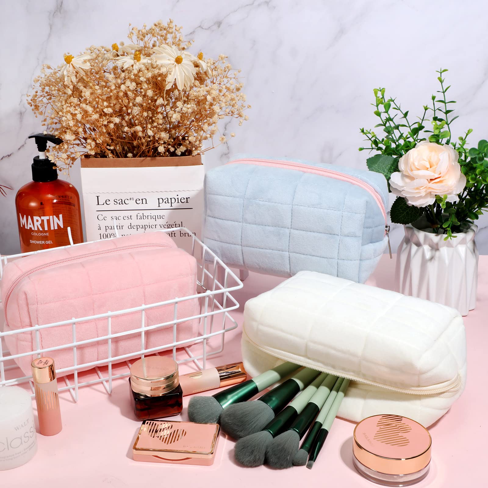 Plush Checkered Cosmetic Travel Bag