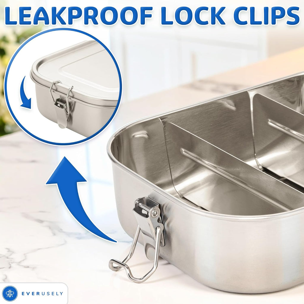 Stainless Steel Lunch Box 27 oz – Leakproof Bento Container with 2 Dividers for Work & Travel