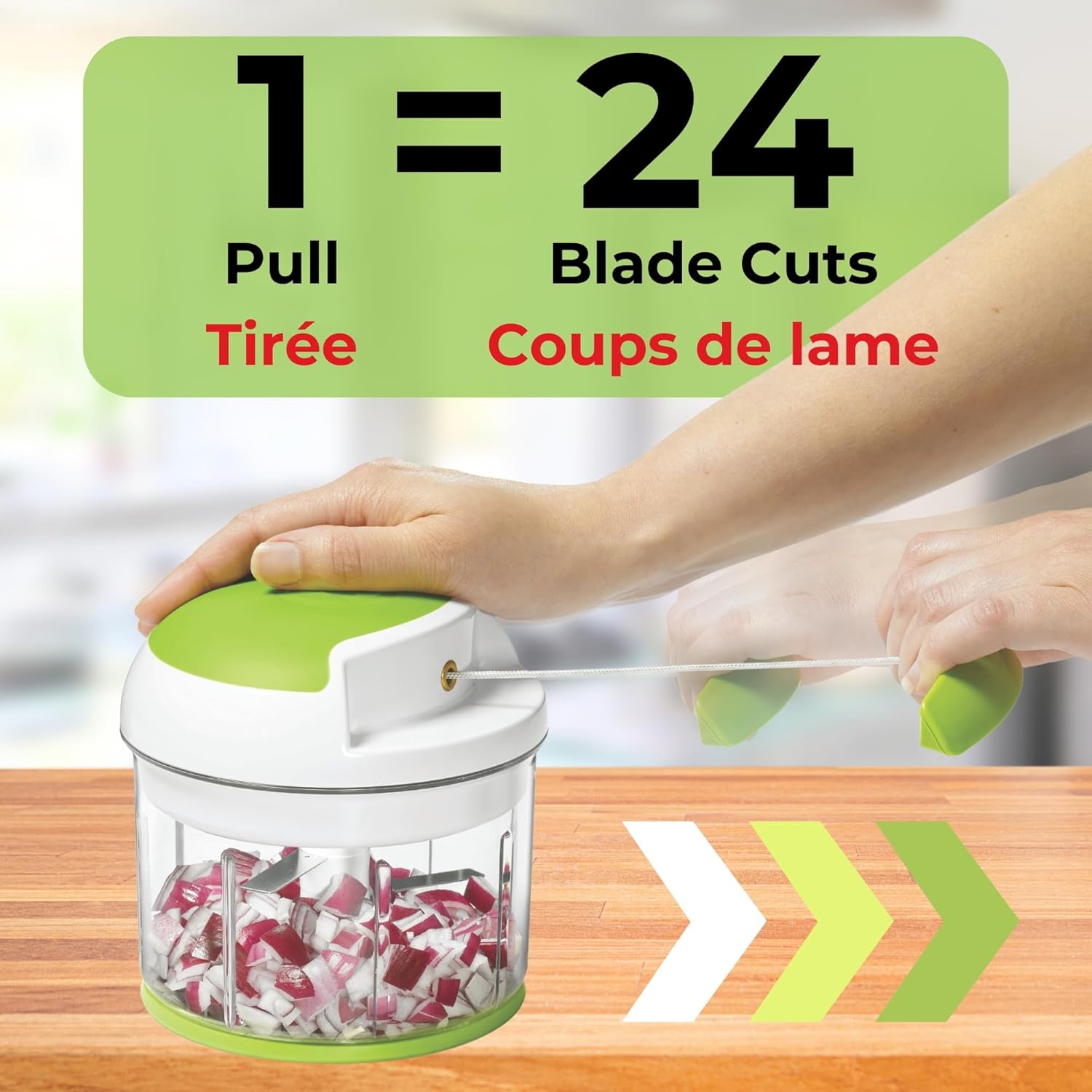 Pull Chopper – Multi-Purpose Manual Food Processor with 3-Blade System, Fast Chopping from Large Chunks to Purée, Self-Retracting Cord