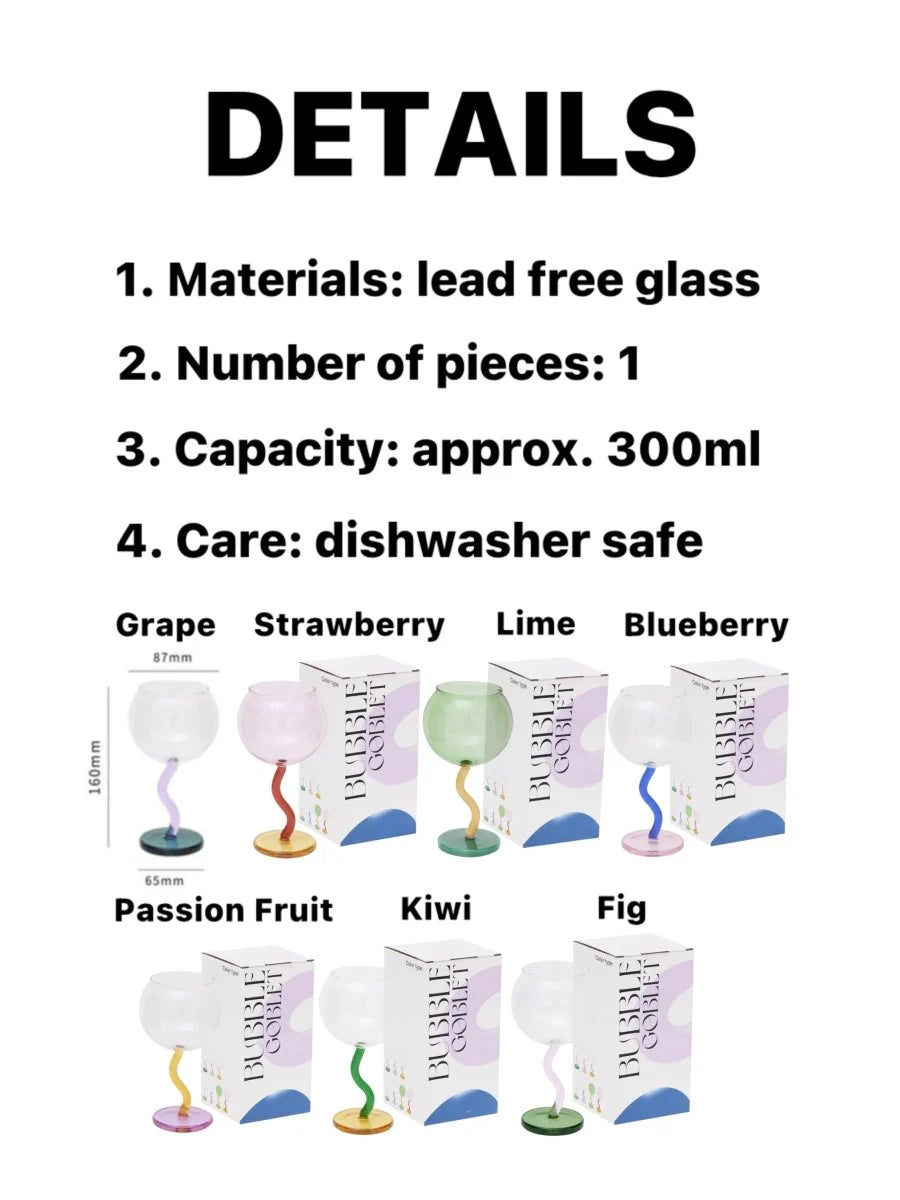 Handcrafted Bubble Wine Glass featuring a Curved Wavy Stem