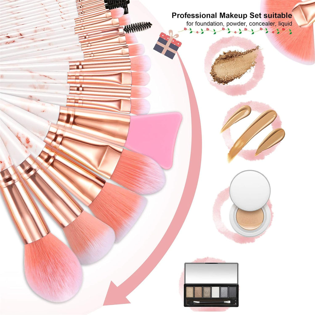 Makeup Brushes Set 16PCS Pink Marble Handle Make up Brushes with 4Pcs Sponge Blenders Foundation Brushes Eyeshadow Concealer Contour Blush Brush Silicone Face Mask Brush Make up Tool