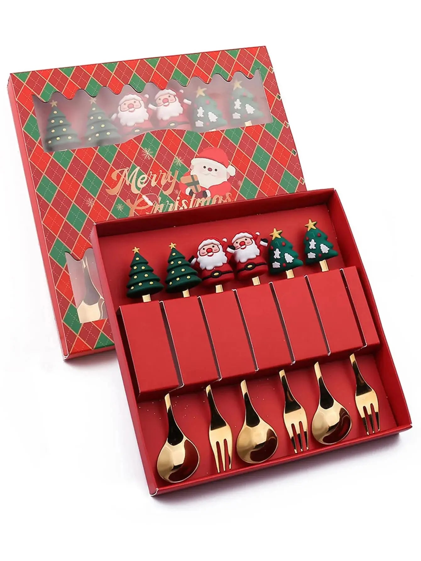 Festive Christmas Fork and Spoon Set in Stainless Steel for Coffee & Desserts