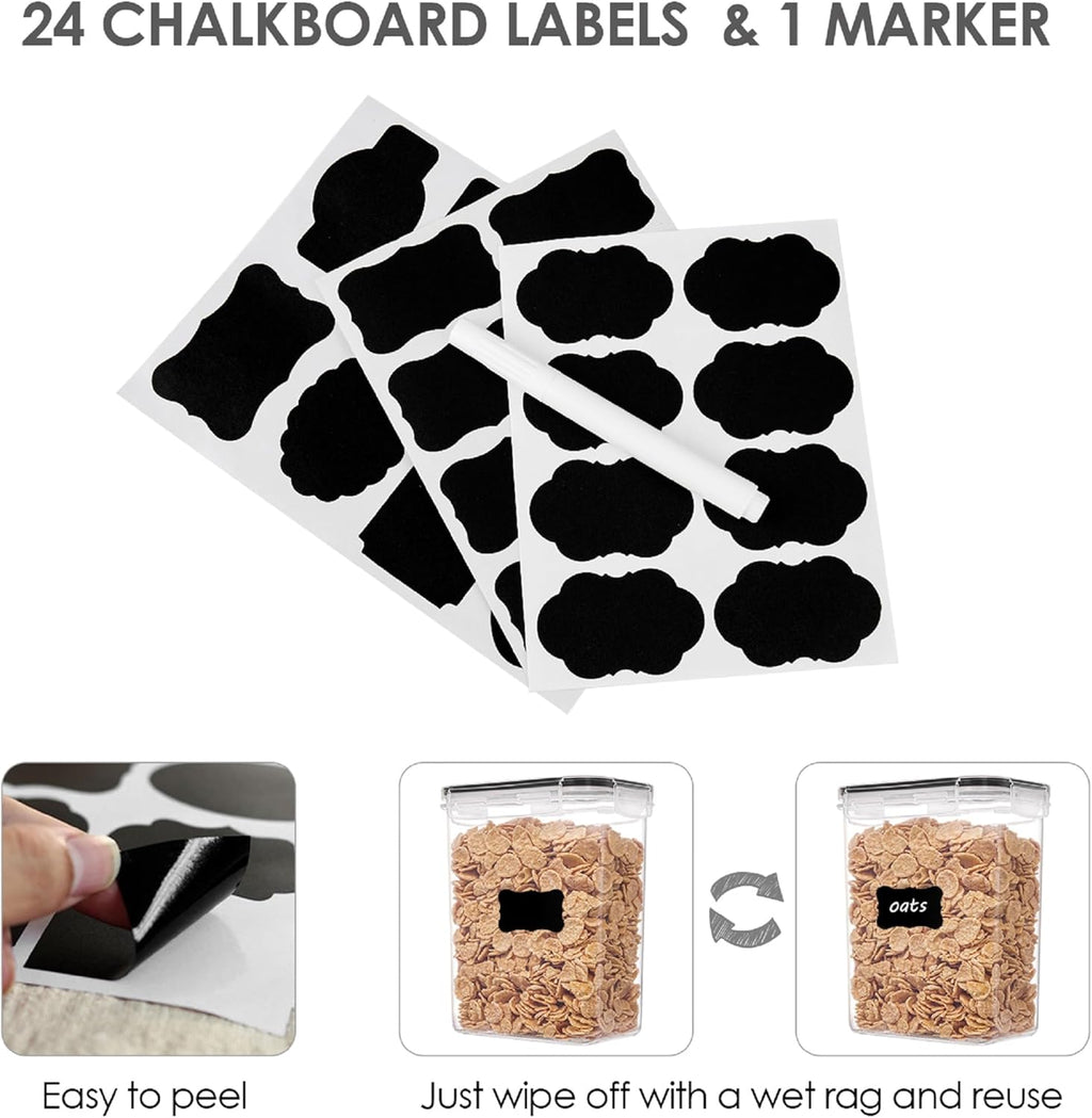 Plastic Airtight Food Storage Canisters for Pantry Organization, 24-Piece Set with Labels – Black