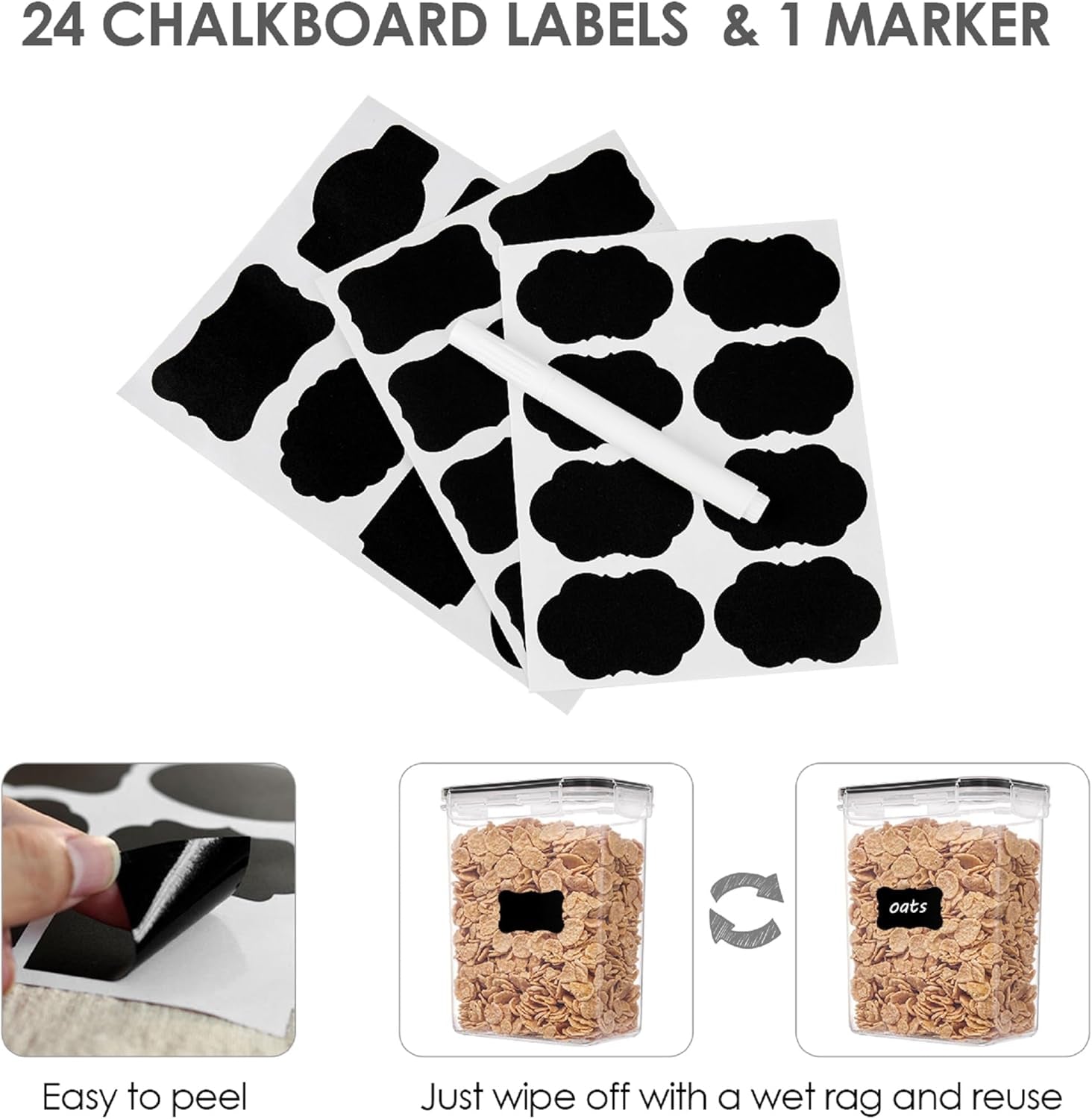 Plastic Airtight Food Storage Canisters for Pantry Organization, 24-Piece Set with Labels – Black