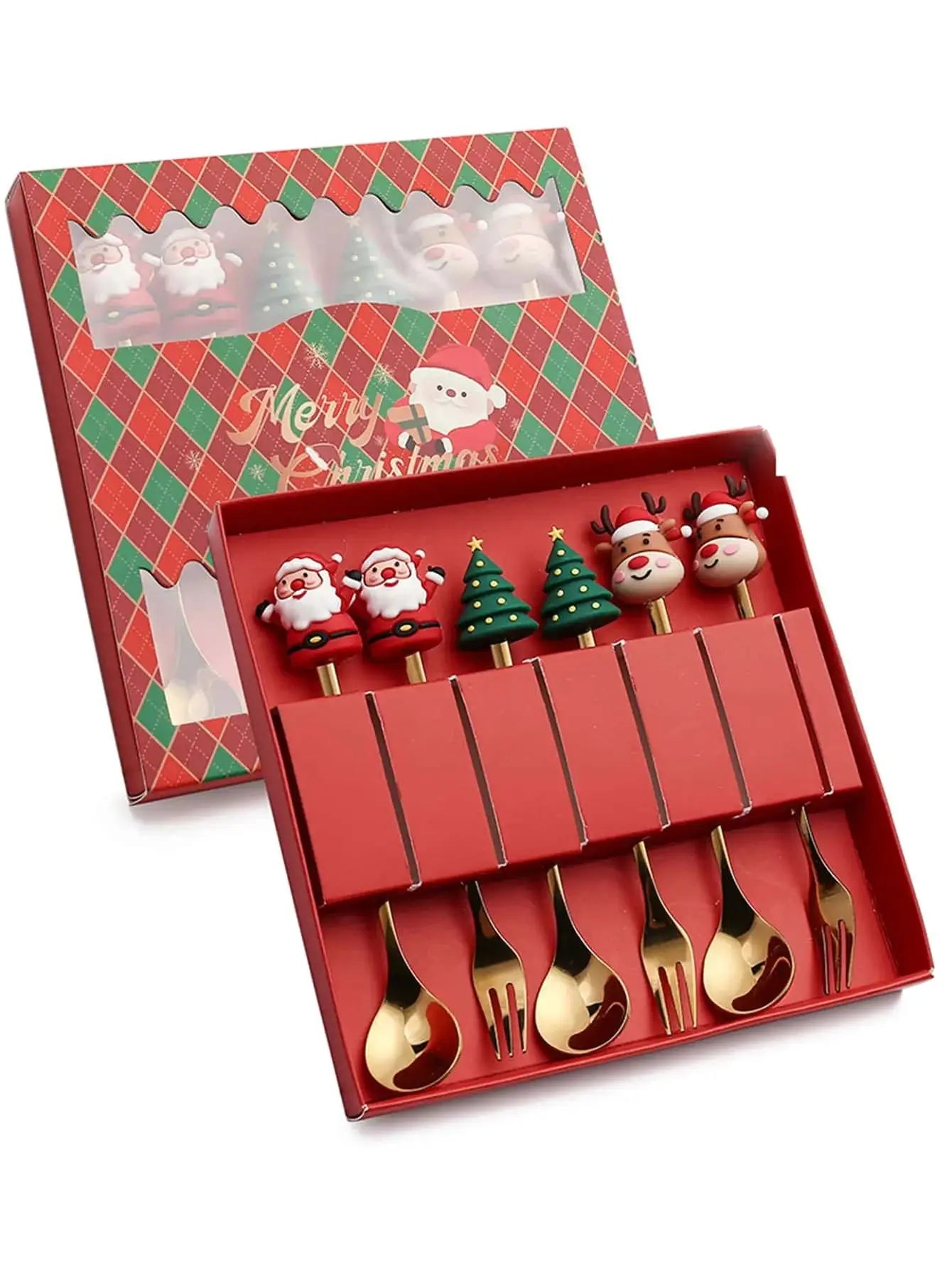 Festive Christmas Fork and Spoon Set in Stainless Steel for Coffee & Desserts