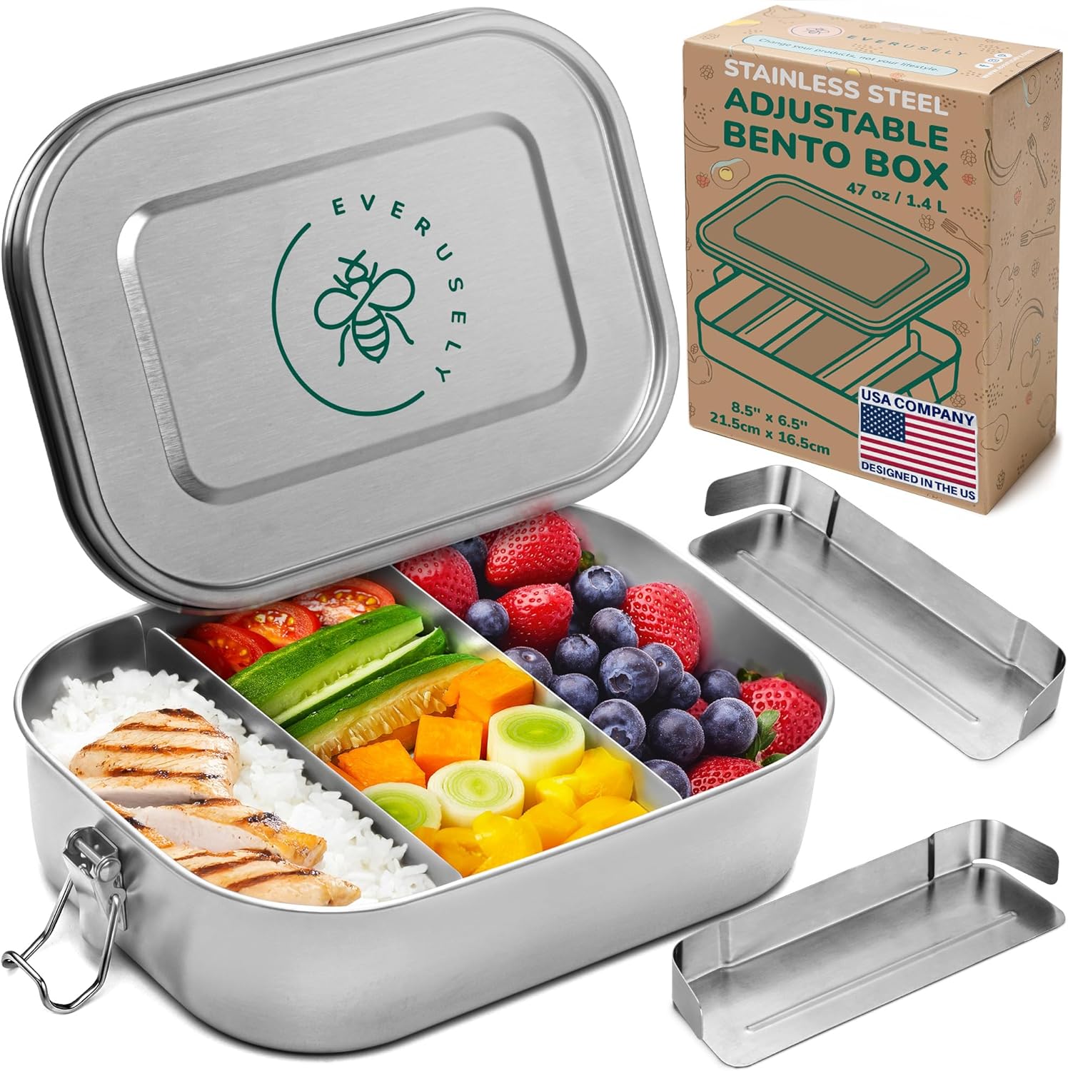 Stainless Steel Lunch Box 27 oz – Leakproof Bento Container with 2 Dividers for Work & Travel