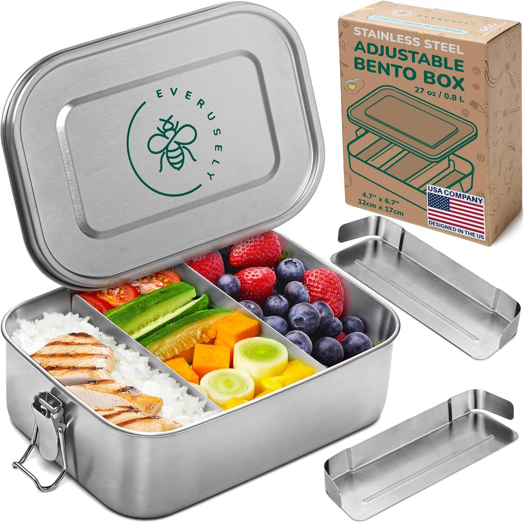 Stainless Steel Lunch Box 27 oz – Leakproof Bento Container with 2 Dividers for Work & Travel
