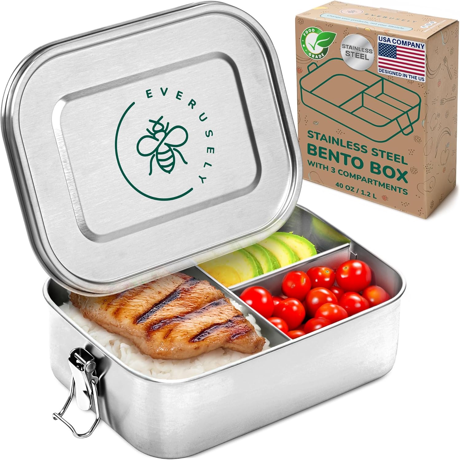 Stainless Steel Lunch Box 27 oz – Leakproof Bento Container with 2 Dividers for Work & Travel