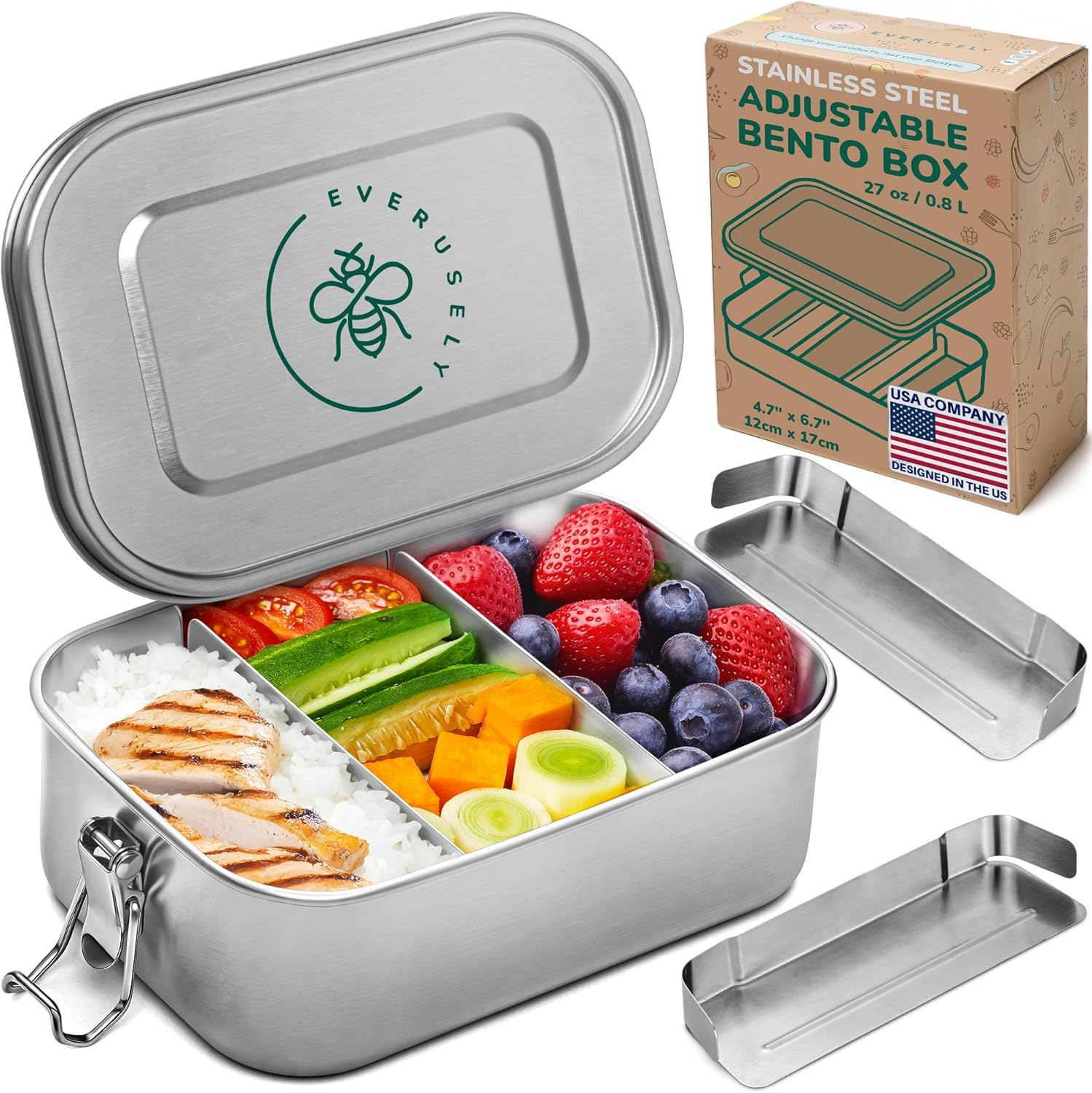 Stainless Steel Lunch Box 27 oz – Leakproof Bento Container with 2 Dividers for Work & Travel