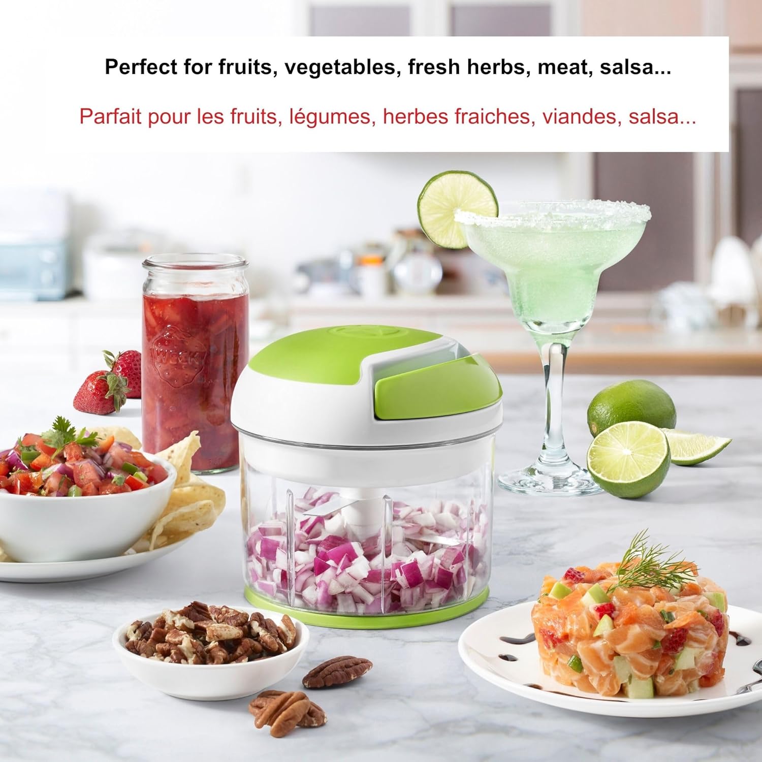 Pull Chopper – Multi-Purpose Manual Food Processor with 3-Blade System, Fast Chopping from Large Chunks to Purée, Self-Retracting Cord