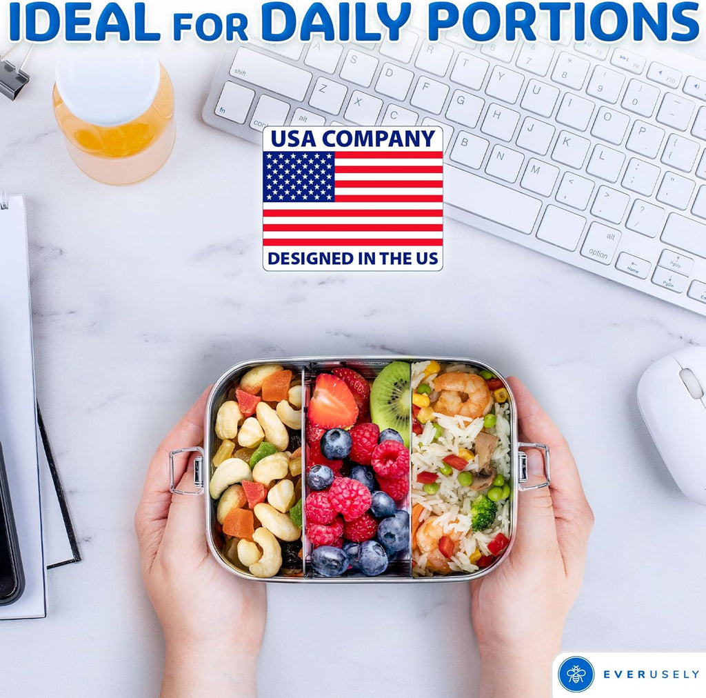Stainless Steel Lunch Box 27 oz – Leakproof Bento Container with 2 Dividers for Work & Travel
