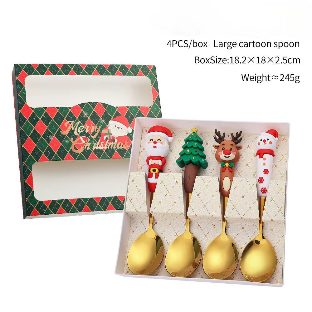 Festive Christmas Fork and Spoon Set in Stainless Steel for Coffee & Desserts