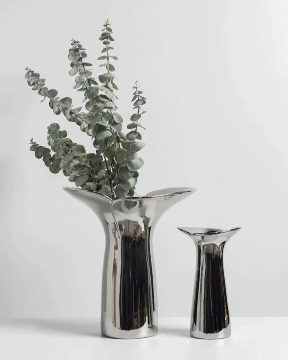 Modern Handmade Ceramic Vase in Silver Bloom Finish for Botanical Styling