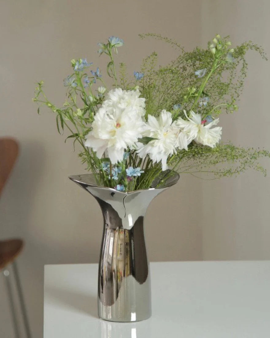 Modern Handmade Ceramic Vase in Silver Bloom Finish for Botanical Styling