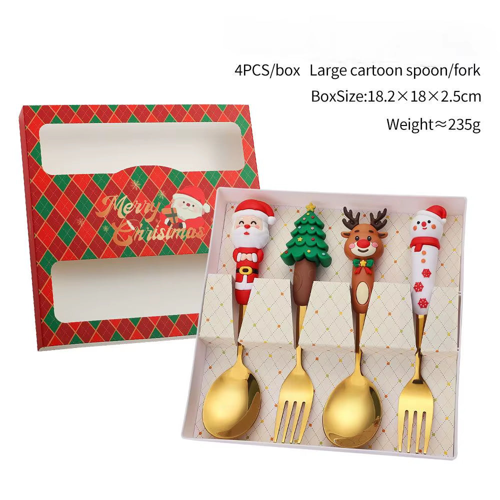 Festive Christmas Fork and Spoon Set in Stainless Steel for Coffee & Desserts